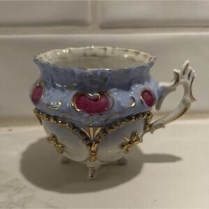 Antique German Porcelain Lustreware Footed Demitasse Cup 3” Teacup Gold Detail